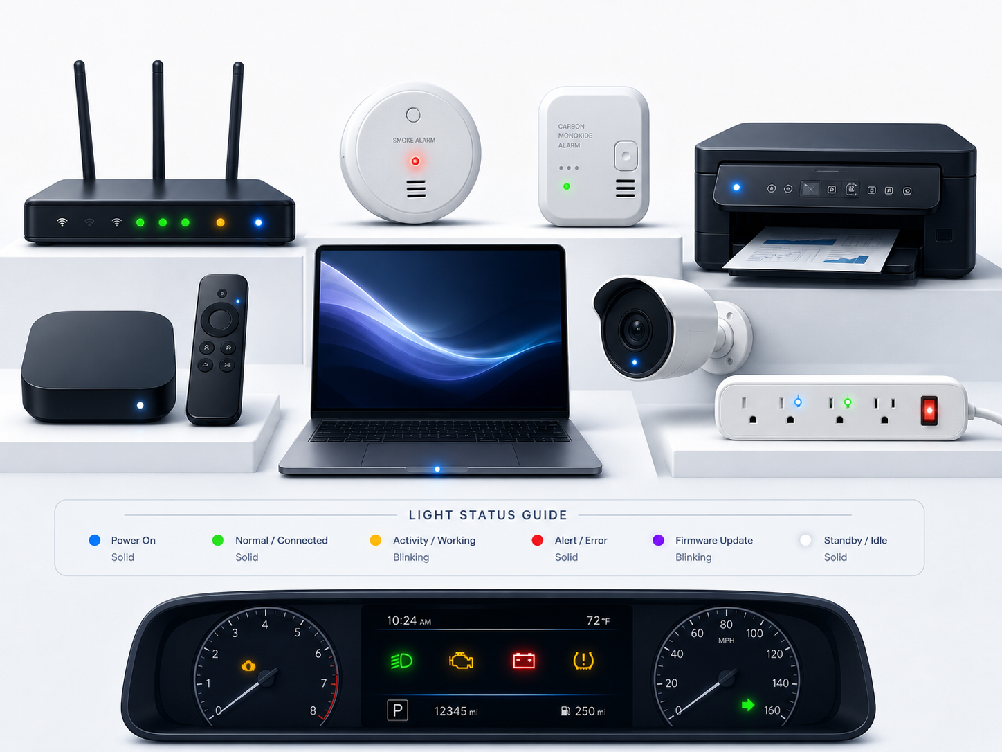 Showcase of common devices with colored status and warning lights