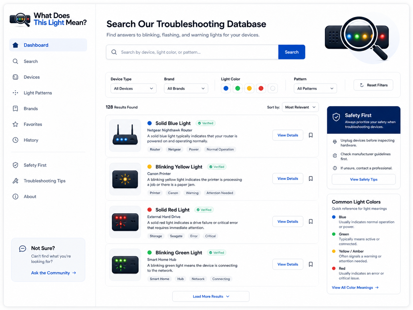Search dashboard for finding device light meanings by color, pattern, device, and brand